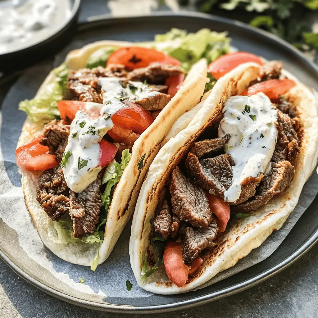 Savor the bold flavors of homemade Beef Gyros! This recipe features succulent marinated beef wrapped in warm pita bread, topped with fresh veggies and creamy tzatziki sauce. Perfect for a quick weeknight dinner or a fun weekend gathering. Save this pin for your next meal adventure!