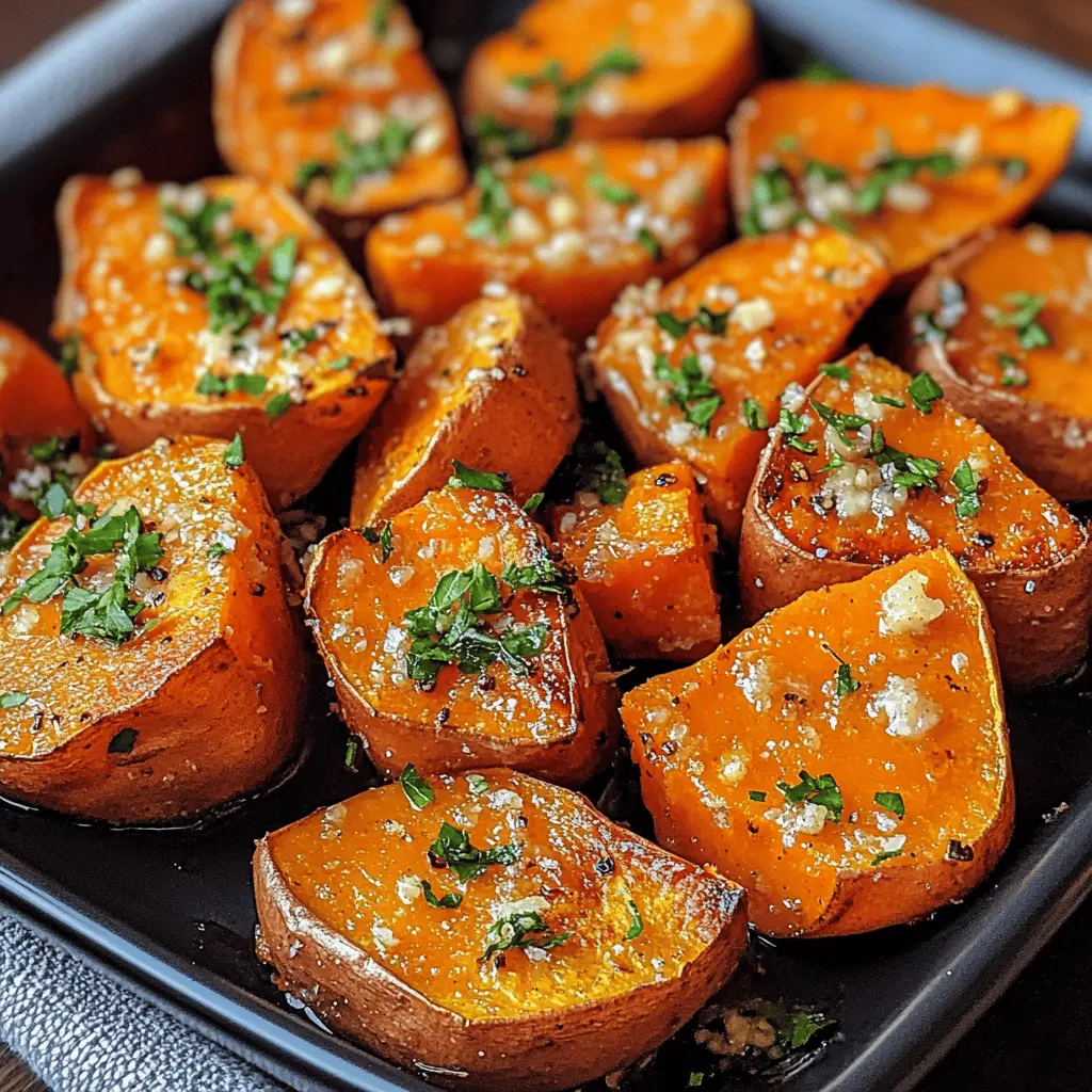 These Garlic Butter Roasted Sweet Potatoes are the perfect combination of sweet and savory! Tossed in garlic-infused butter, they're crispy on the outside and tender on the inside. A delightful side dish for any meal or a tasty snack on their own. Save this pin for your next dinner party or holiday gathering!