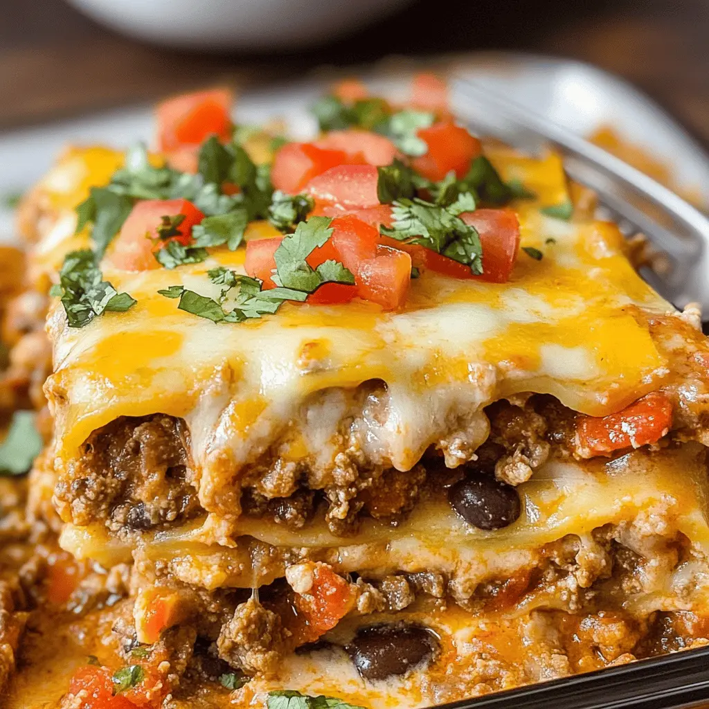 Layered with flavorful ingredients, this Mexican Lasagna combines tortillas, seasoned ground beef, black beans, and zesty salsa, topped with melted cheese for a delightful twist on a classic dish. Perfect for family gatherings or cozy nights in! Save this recipe now to impress your guests at your next dinner party!