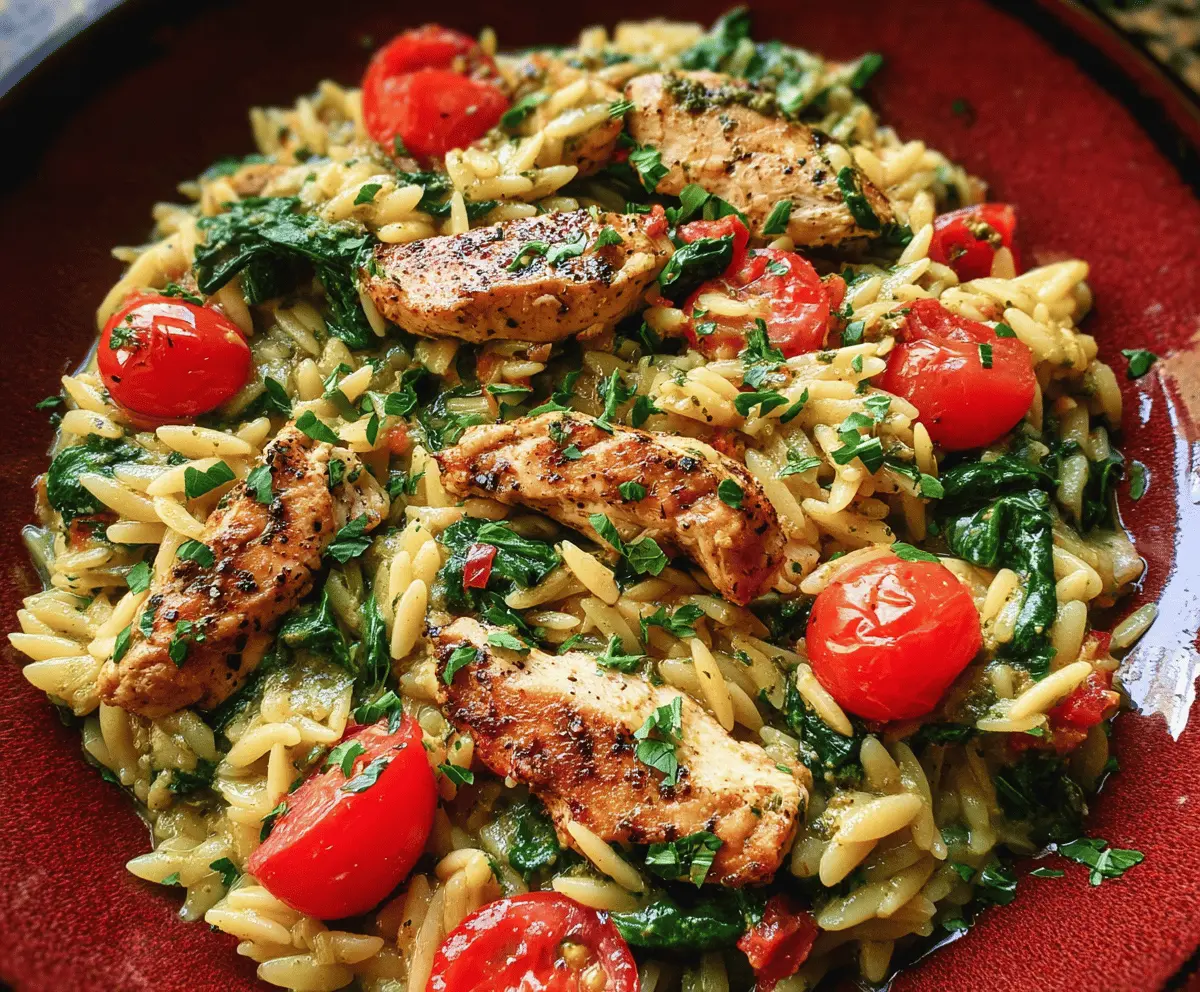 Easy Chicken Orzo with Spinach, Tomatoes & Pesto