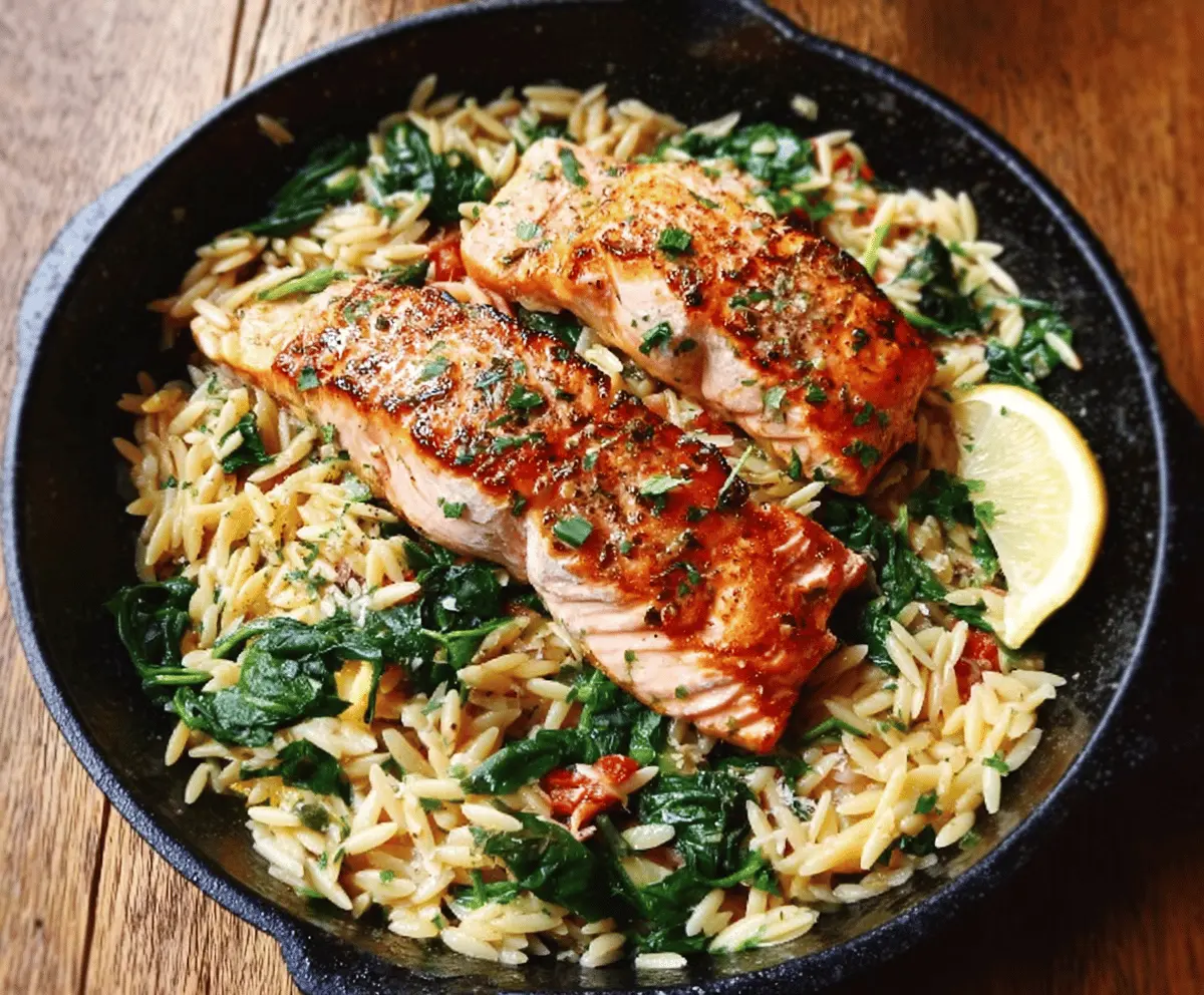 One Skillet Lemon Salmon with Creamy Orzo