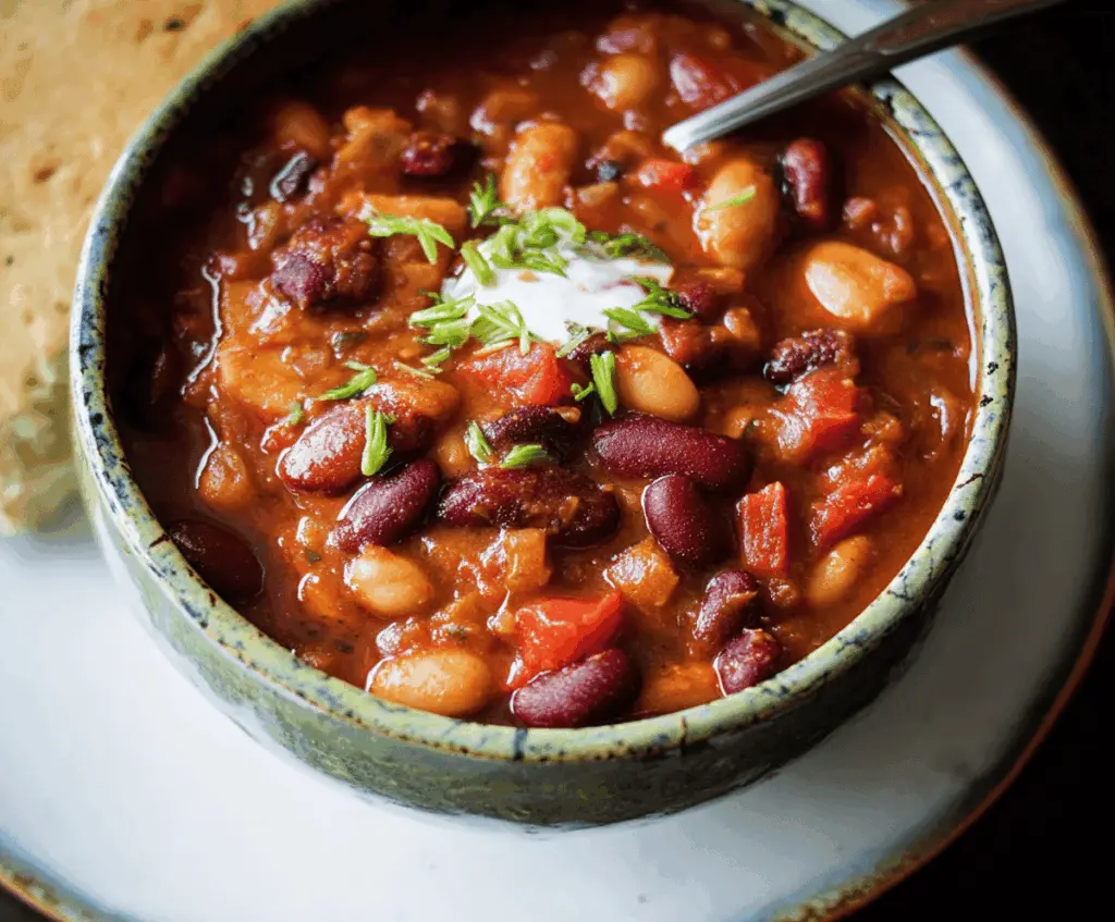 Delicious 3-Bean Chili in a bowl topped with shredded cheese and fresh cilantro, served with crusty bread on the side