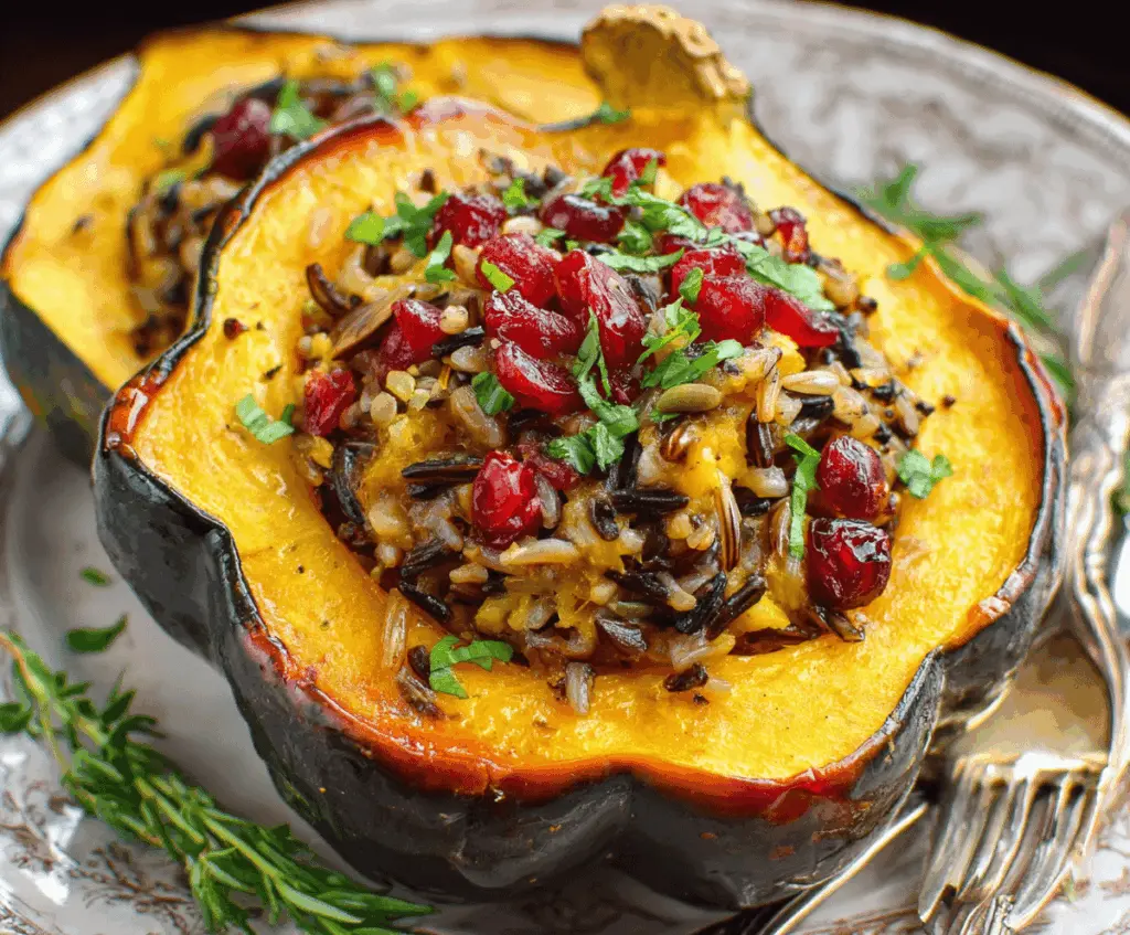 Fresh acorn squash stuffed with flavorful wild rice and cranberries, served as a delicious and nutritious fall-inspired dish.