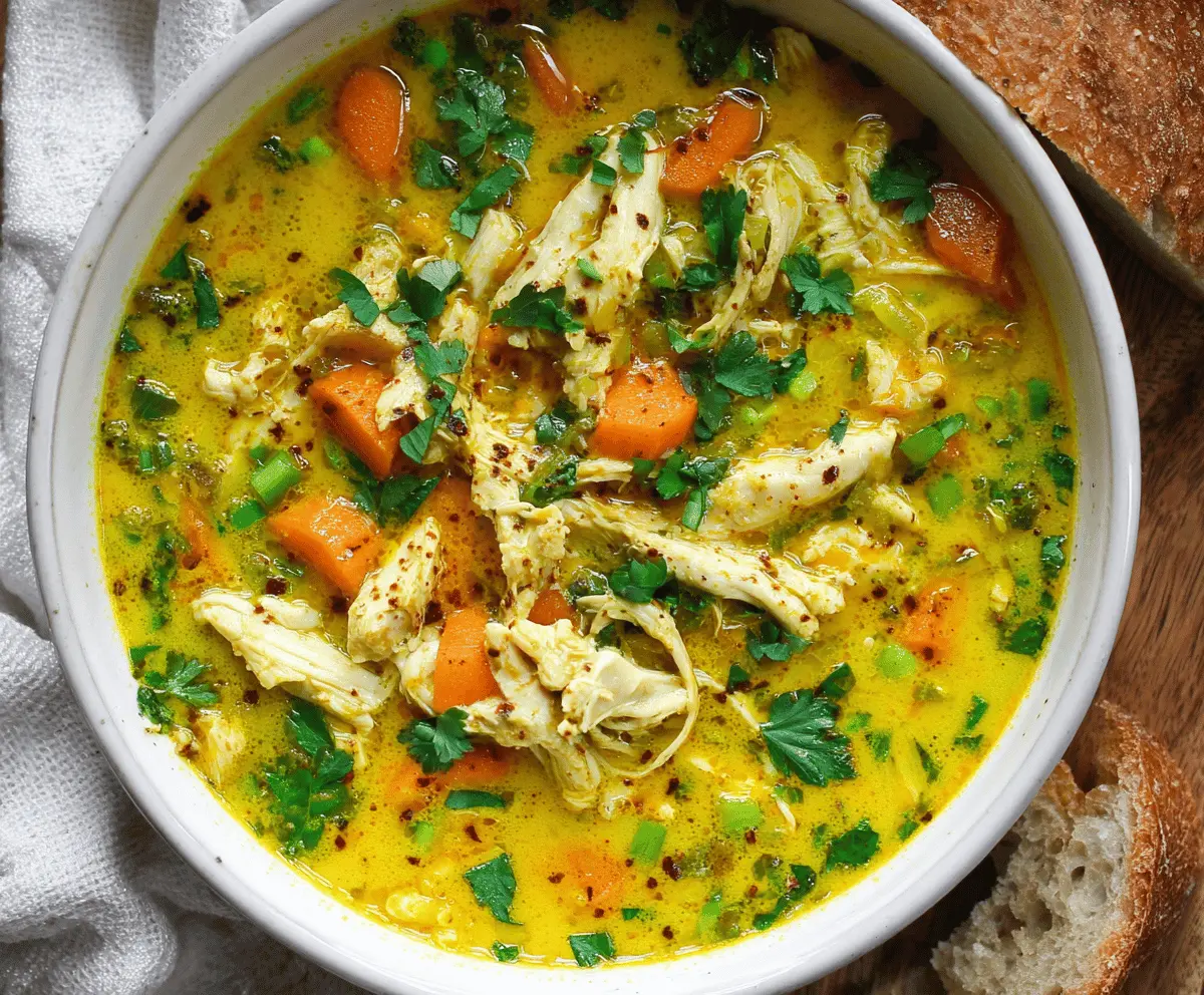 Creamy turmeric chicken soup with fresh herbs and vegetables, promoting anti-inflammatory benefits and comforting flavor