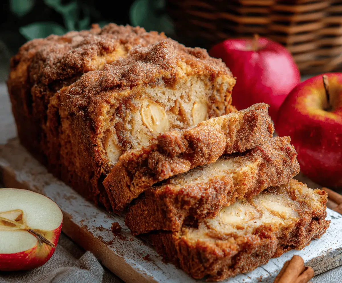 Homemade apple bread loaf with sliced apples and cinnamon, perfect for breakfast or dessert