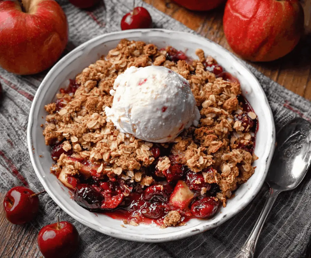 Delicious homemade Apple Cherry Crisp topped with golden brown crumble served in a baking dish, ready to enjoy
