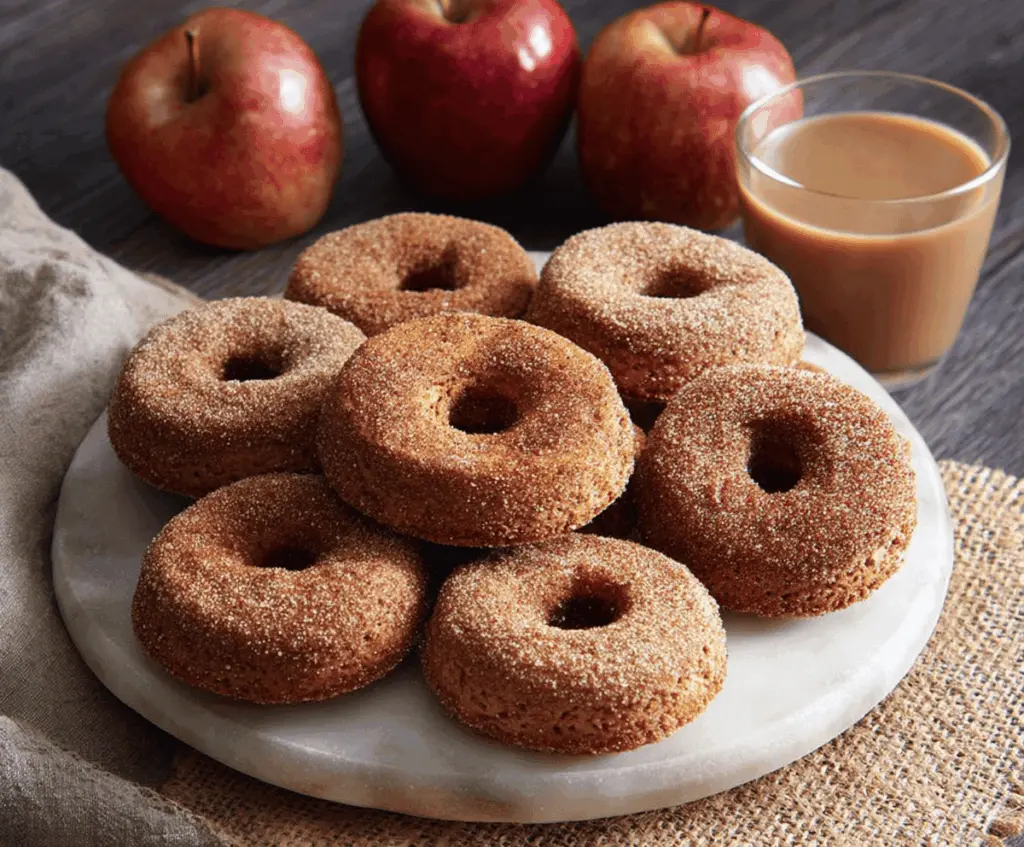 Freshly baked apple cider donuts with a golden-brown exterior and cinnamon sugar coating on a rustic wooden plate