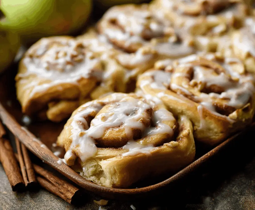 Delicious homemade apple cinnamon rolls topped with icing, featuring a golden-brown crust and fresh apple slices inside, perfect for breakfast or dessert.