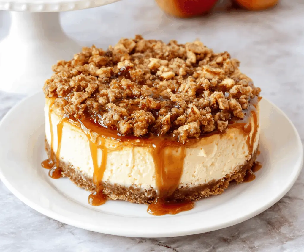 Delicious apple crisp cheesecake topped with caramelized apple slices and crunchy crumble, perfect for fall desserts.