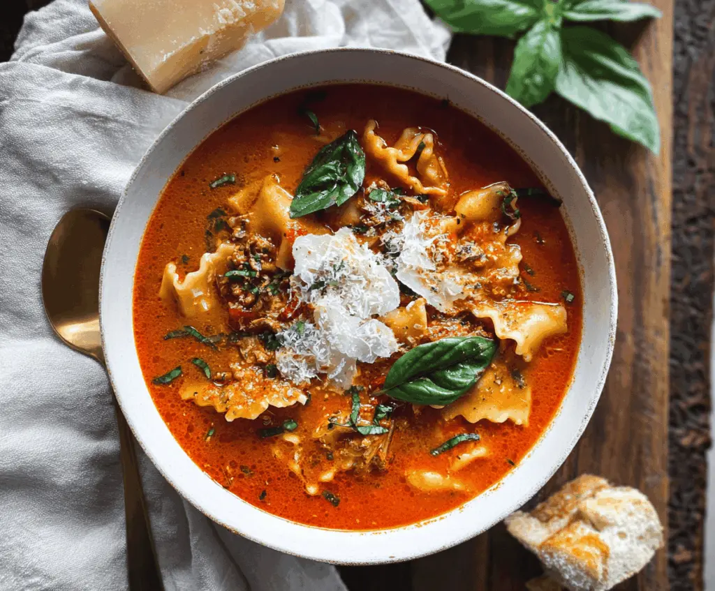 Spicy Arrabbiata Lasagna Soup with melted cheese, fresh herbs, and pasta in a bowl