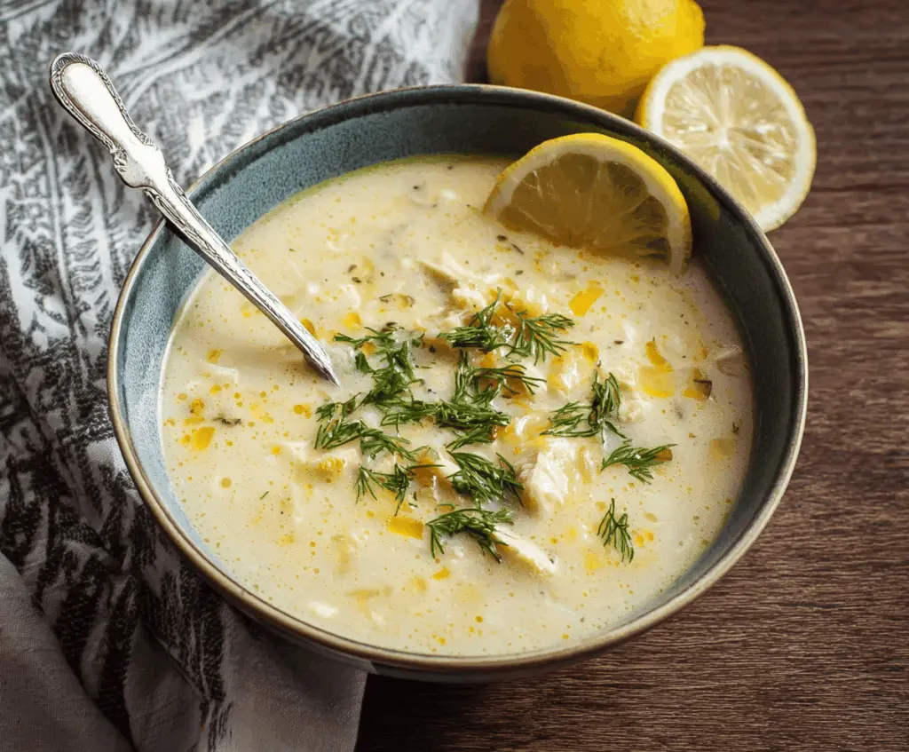 Creamy Greek Avgolemono Soup with lemon, chicken, and rice served in a bowl, garnished with fresh herbs.