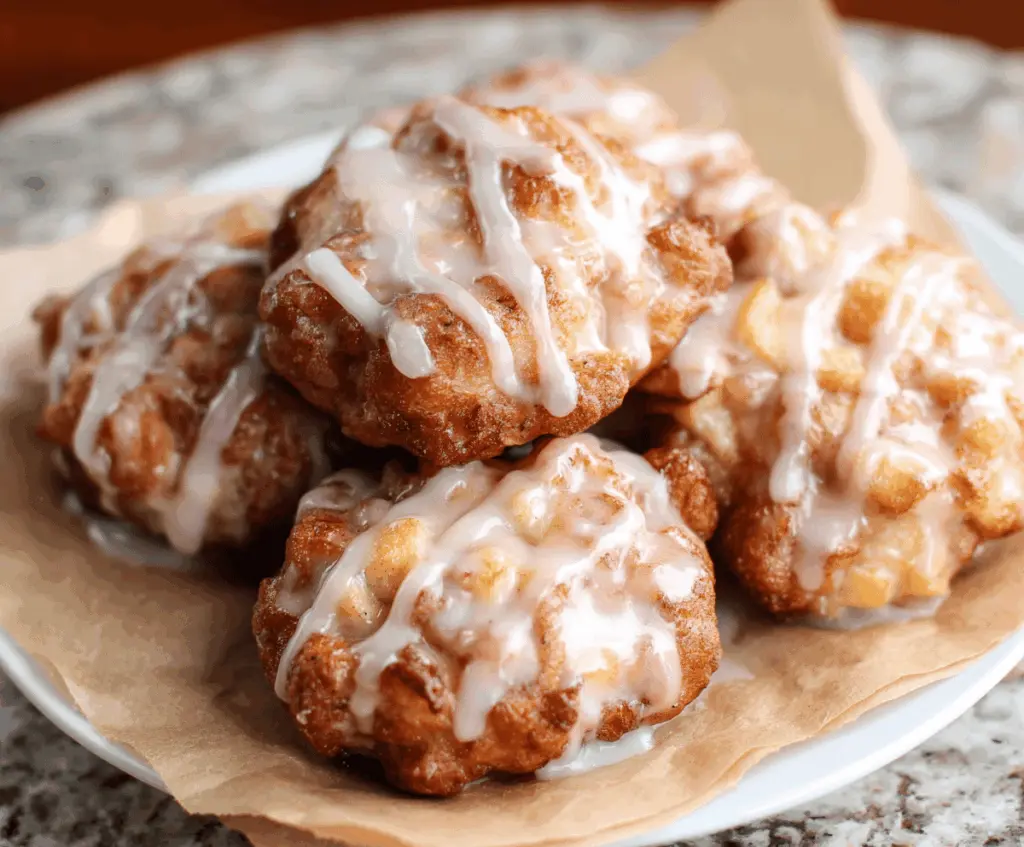 Golden baked apple fritters glazed with sweet icing, served on a plate, perfect for a cozy breakfast or dessert.