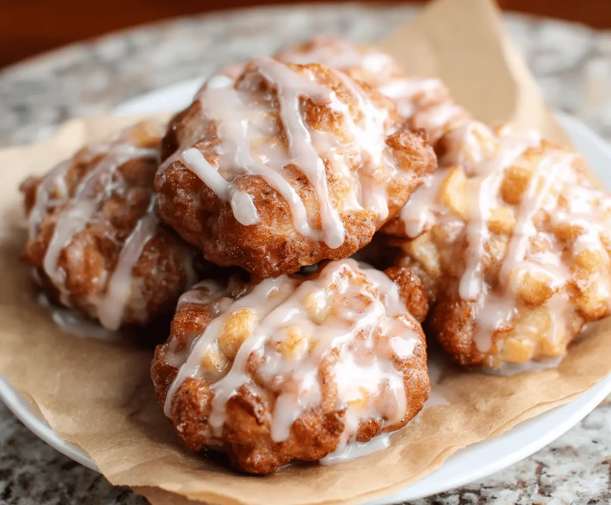 Golden baked apple fritters glazed with sweet icing, served on a plate, perfect for a cozy breakfast or dessert.