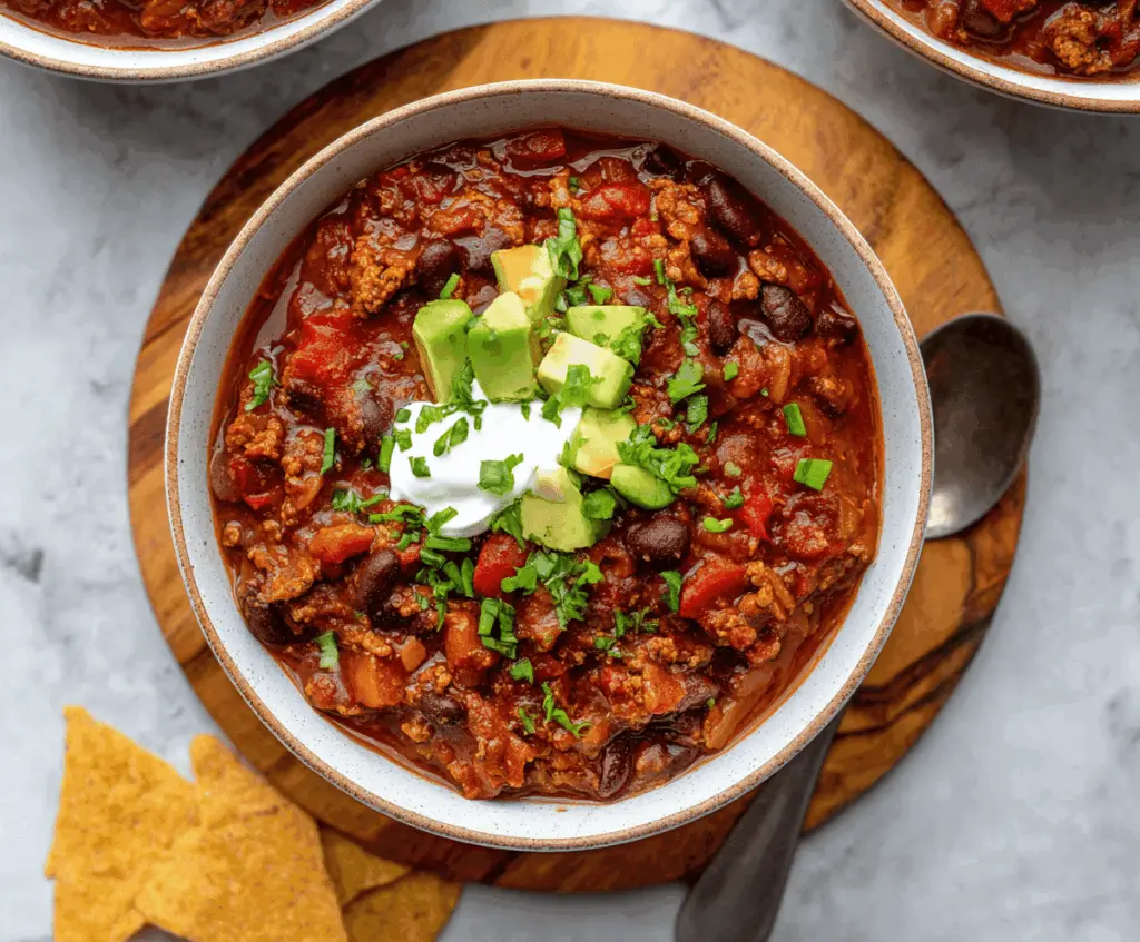 Savory bowl of homemade bison chili topped with shredded cheese and fresh herbs, served in a rustic bowl with a spoon