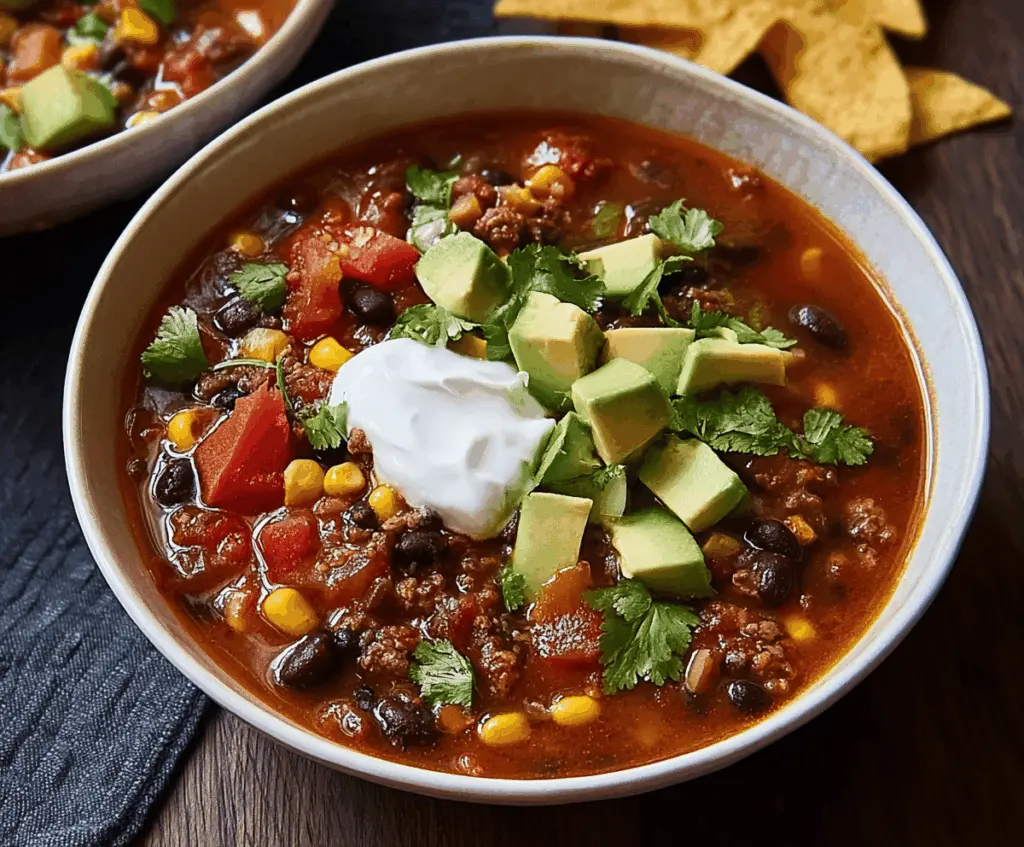 Hearty black bean taco soup topped with fresh cilantro, shredded cheese, and diced tomatoes in a rustic bowl.