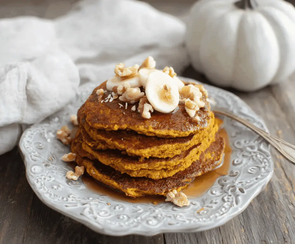 Creamy blender pumpkin oatmeal pancakes served on a plate with fresh fruit, perfect for a nutritious breakfast.