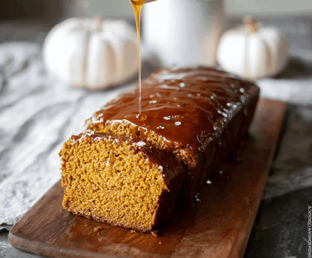 Slice of moist pumpkin bread topped with brown butter maple glaze, garnished with pecans and cinnamon for a flavorful fall treat