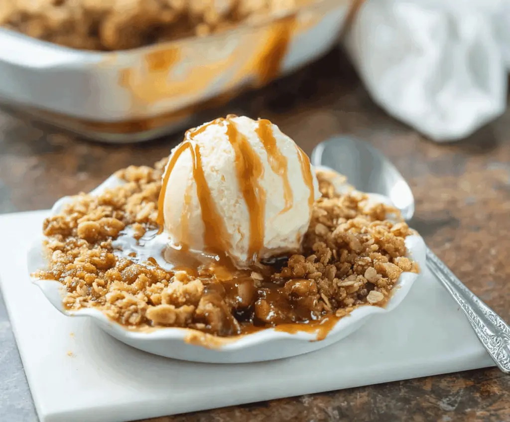 Delicious caramel apple crisp topped with golden brown crust and caramel drizzle, served in a rustic bowl, perfect for fall desserts.