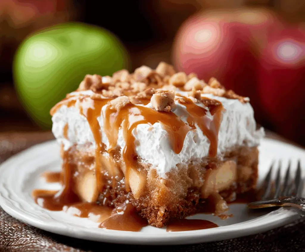 Delicious Caramel Apple Poke Cake topped with caramel sauce and sliced apples, perfect for fall desserts
