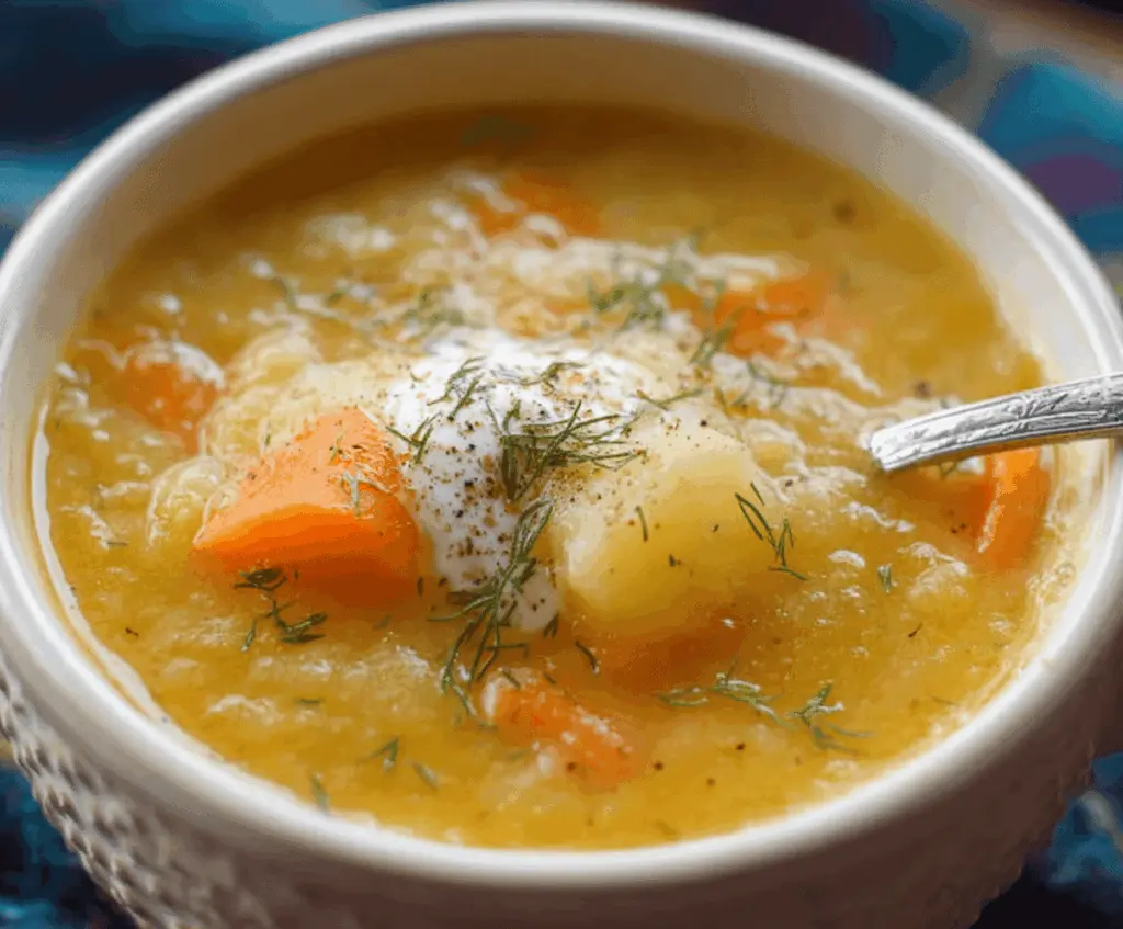 Creamy carrot and potato soup garnished with fresh herbs in a rustic bowl, perfect for a warm and healthy meal.