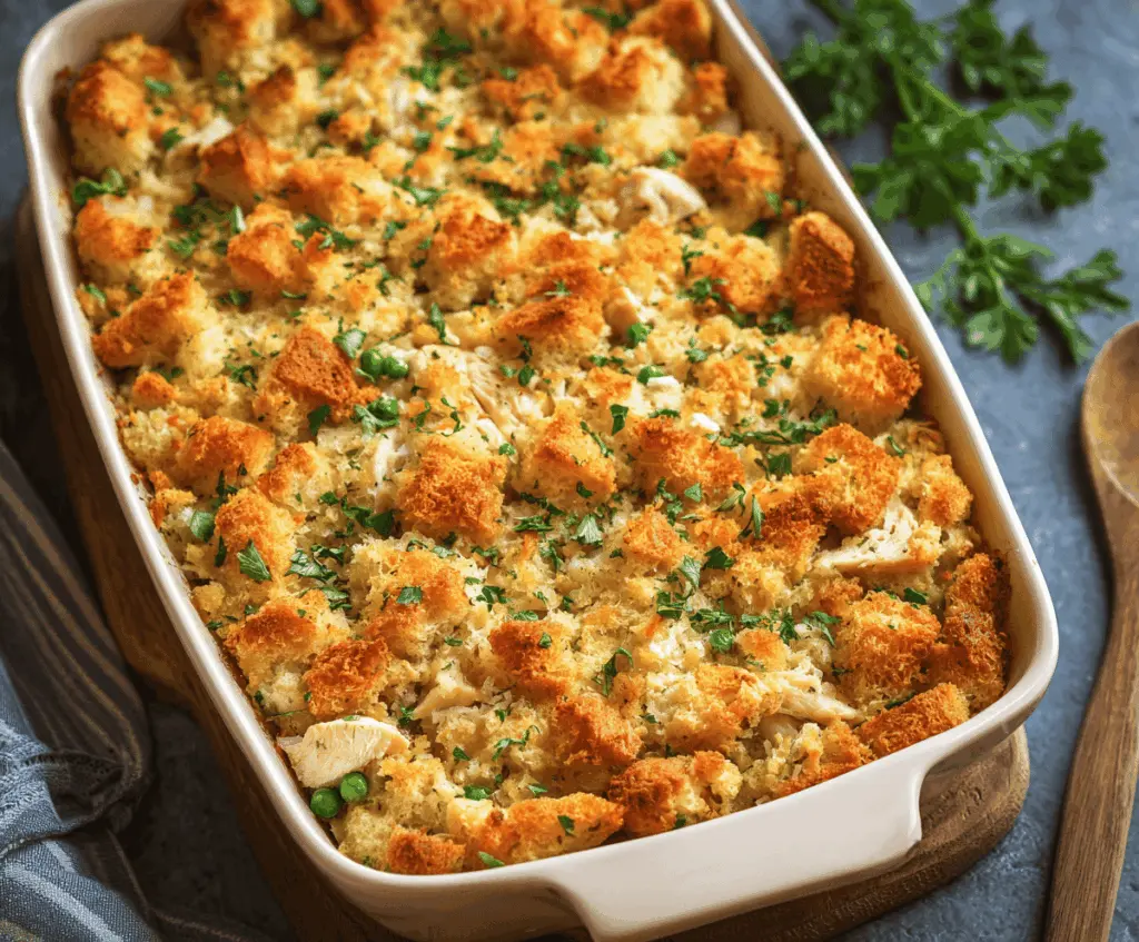 Delicious Chicken and Stuffing Casserole topped with golden-brown stuffing crust, served hot on a plate.