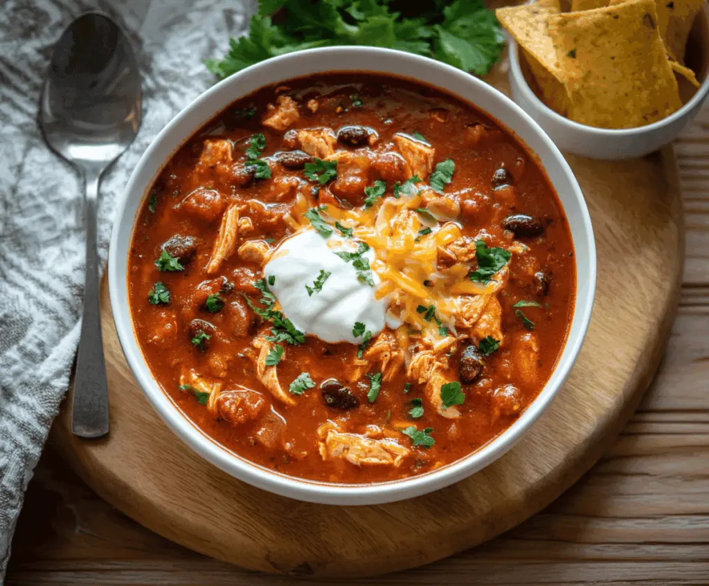 Savory bowl of homemade chicken chili topped with cheese and fresh herbs, featuring tender shredded chicken, beans, and vibrant vegetables in a flavorful broth