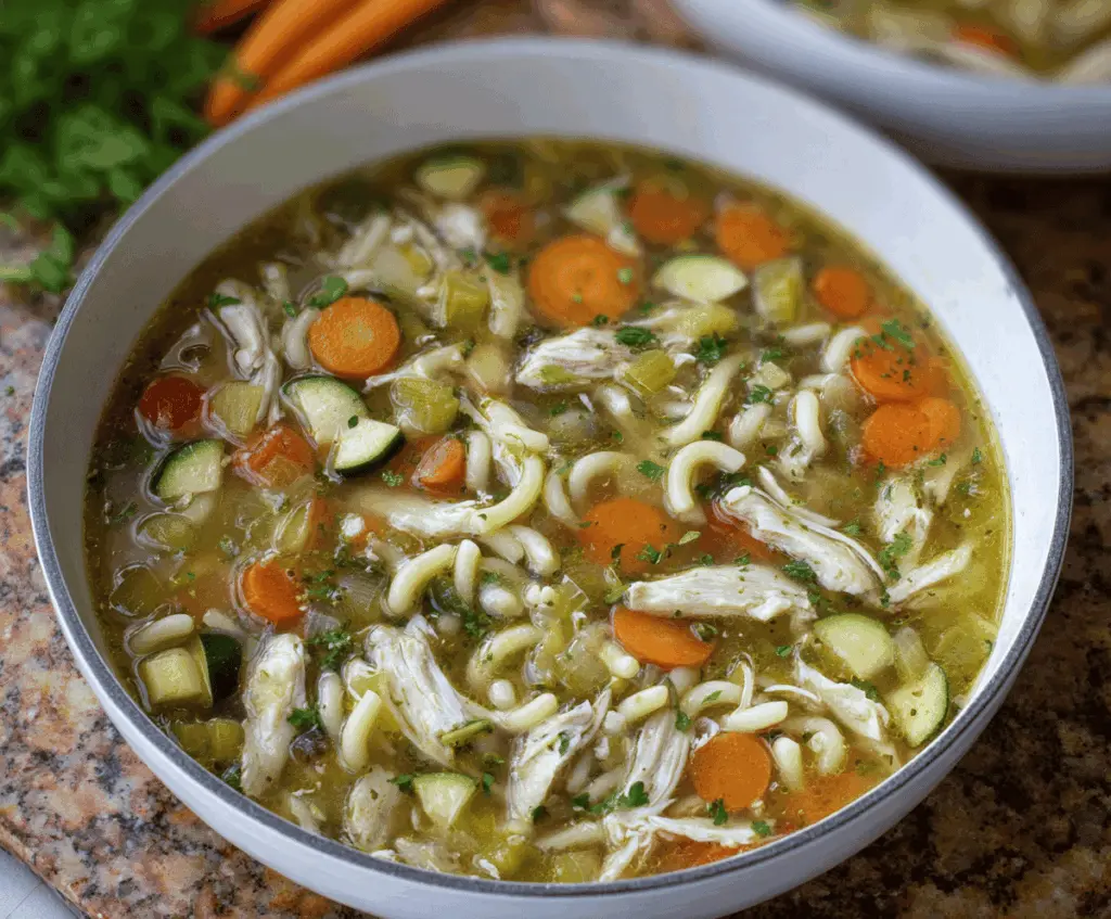 A steaming bowl of chicken noodle soup with fresh vegetables, including carrots, celery, and green onions, served in a white bowl on a rustic wooden table.