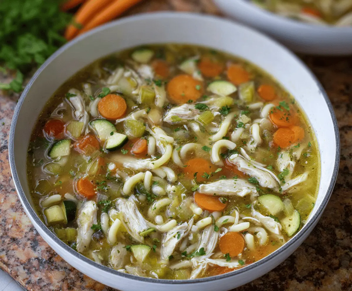 A steaming bowl of chicken noodle soup with fresh vegetables, including carrots, celery, and green onions, served in a white bowl on a rustic wooden table.