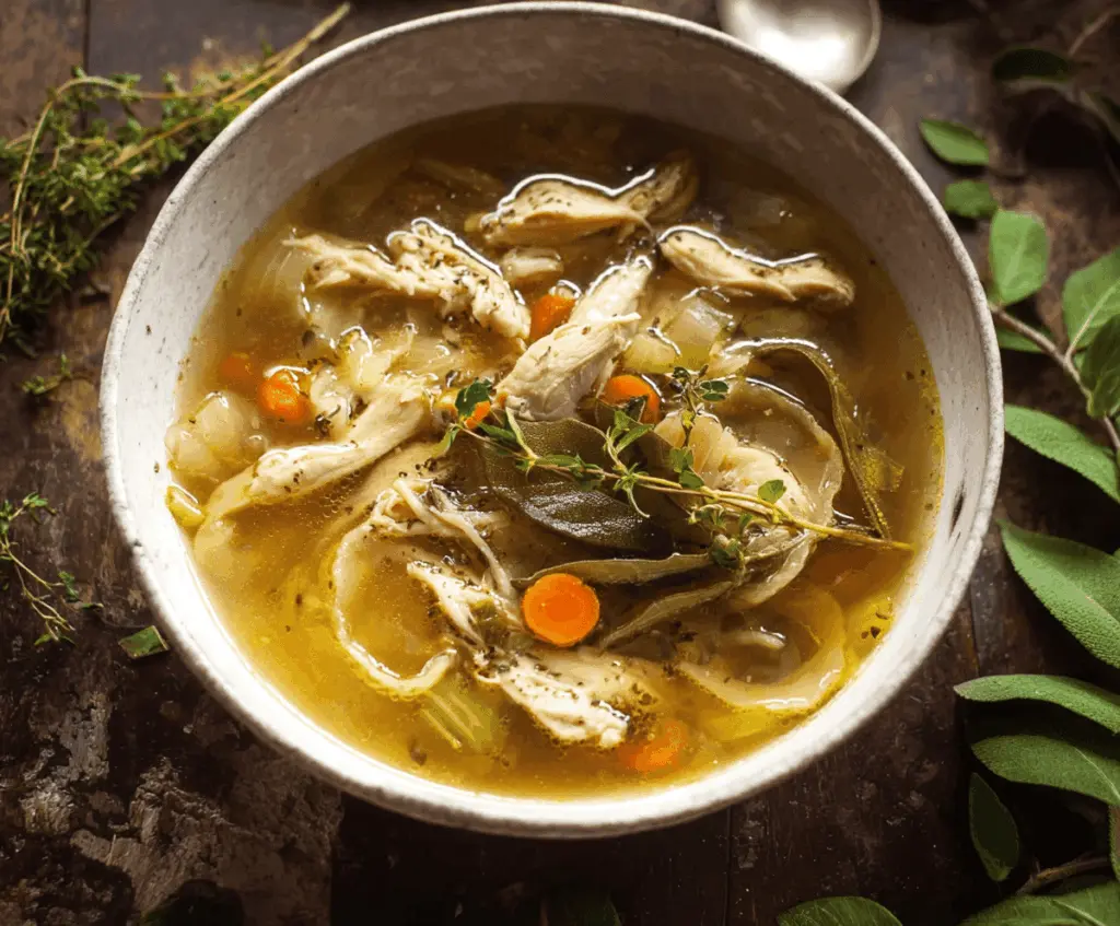 Hearty homemade chicken soup with vegetables and herbs in a bowl on a rustic wooden table