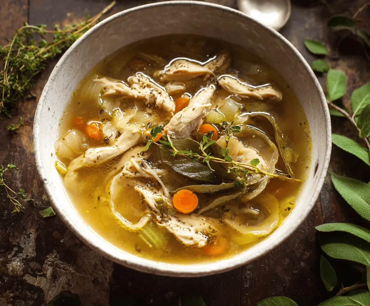 Hearty homemade chicken soup with vegetables and herbs in a bowl on a rustic wooden table