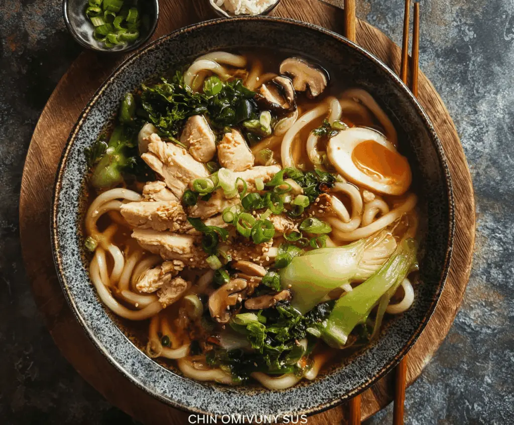 Hearty chicken udon noodle soup with vegetables and fresh herbs in a bowl, perfect for a comforting meal.