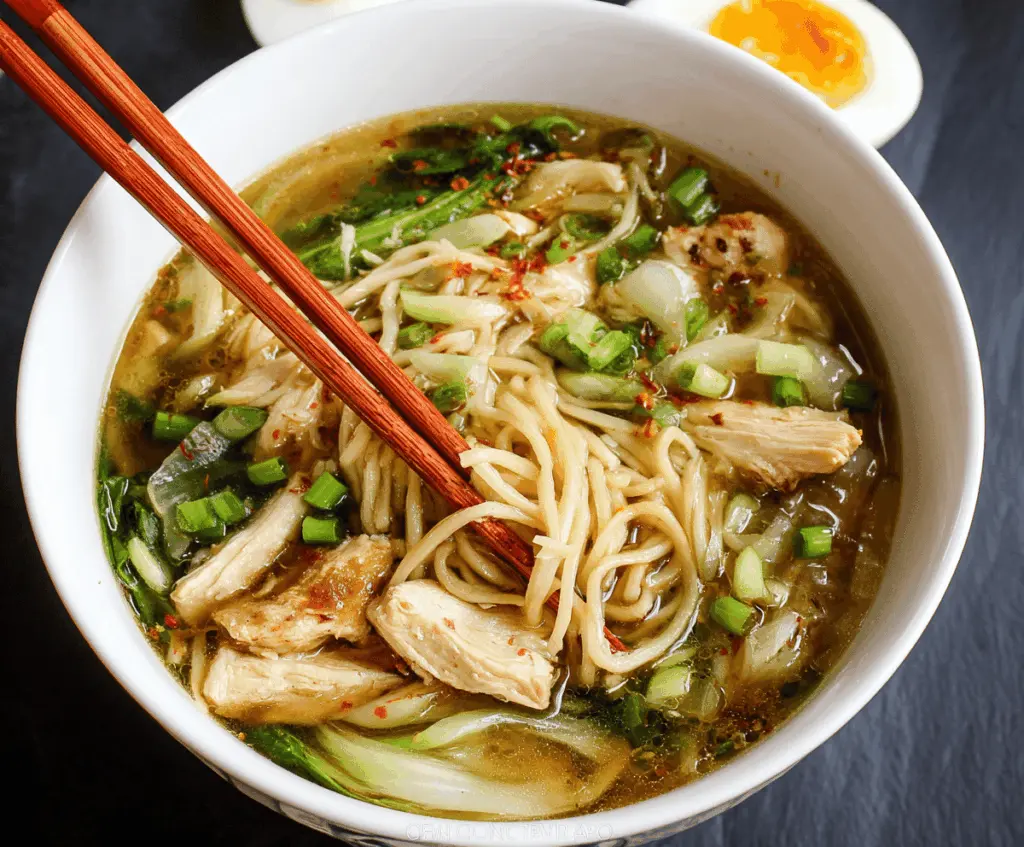 Delicious Chinese Chicken Noodle Soup with tender chicken, fresh vegetables, and flavorful broth in a bowl