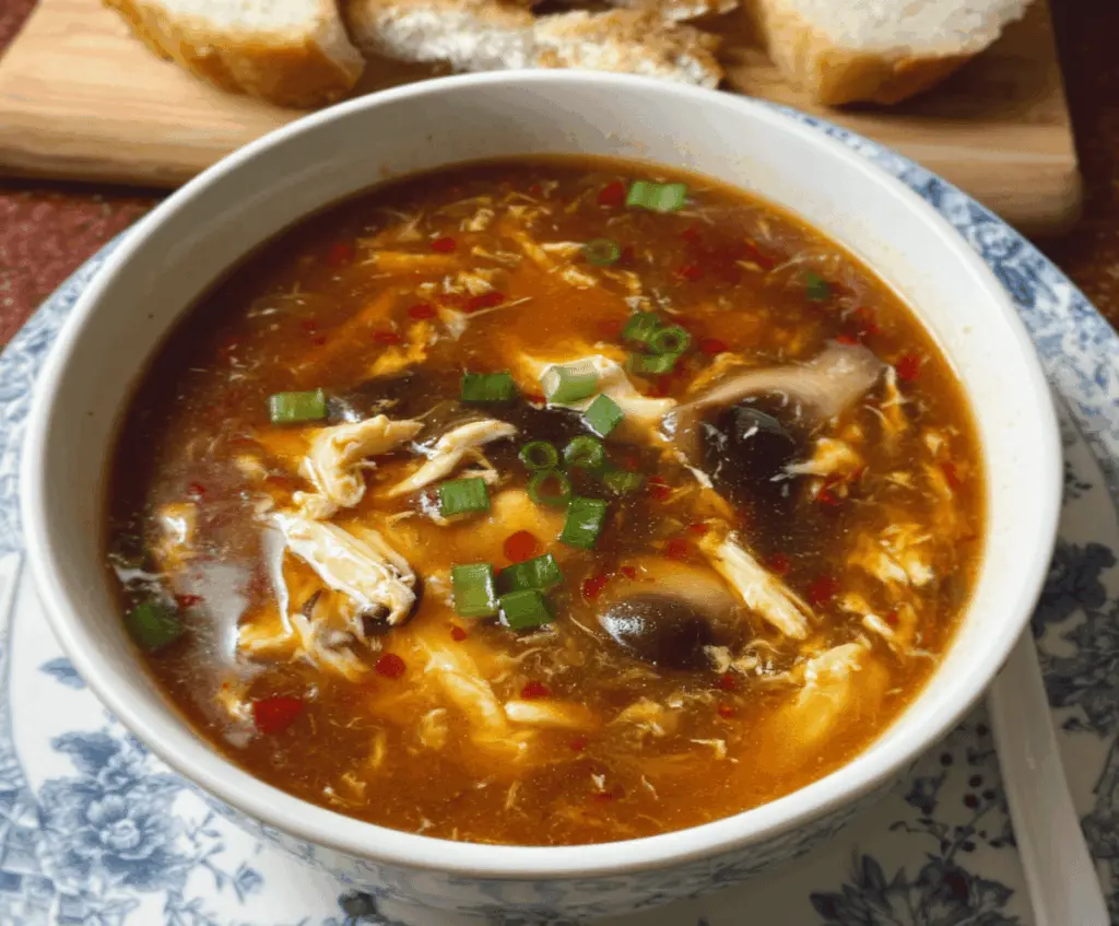 A bowl of steaming Chinese Hot and Sour Soup garnished with chopped green onions and sliced mushrooms, showcasing a flavorful, spicy, and tangy Asian appetizer.