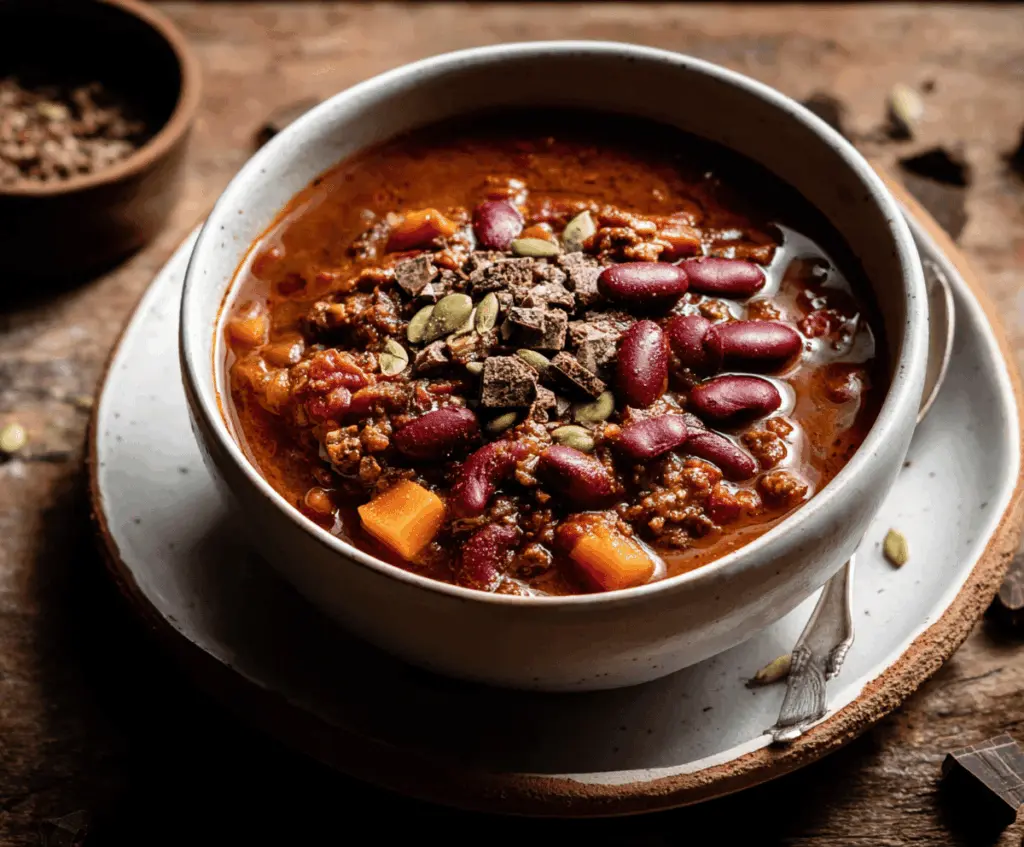 A bowl of rich chocolate chili topped with melted cheese and fresh herbs, showcasing a delicious blend of spicy and sweet flavors.