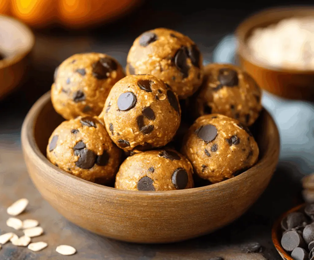 Healthy Chocolate Chip Pumpkin Protein Balls, bite-sized energy bites with chocolate chips and pumpkin, perfect for snacks and on-the-go nutrition.