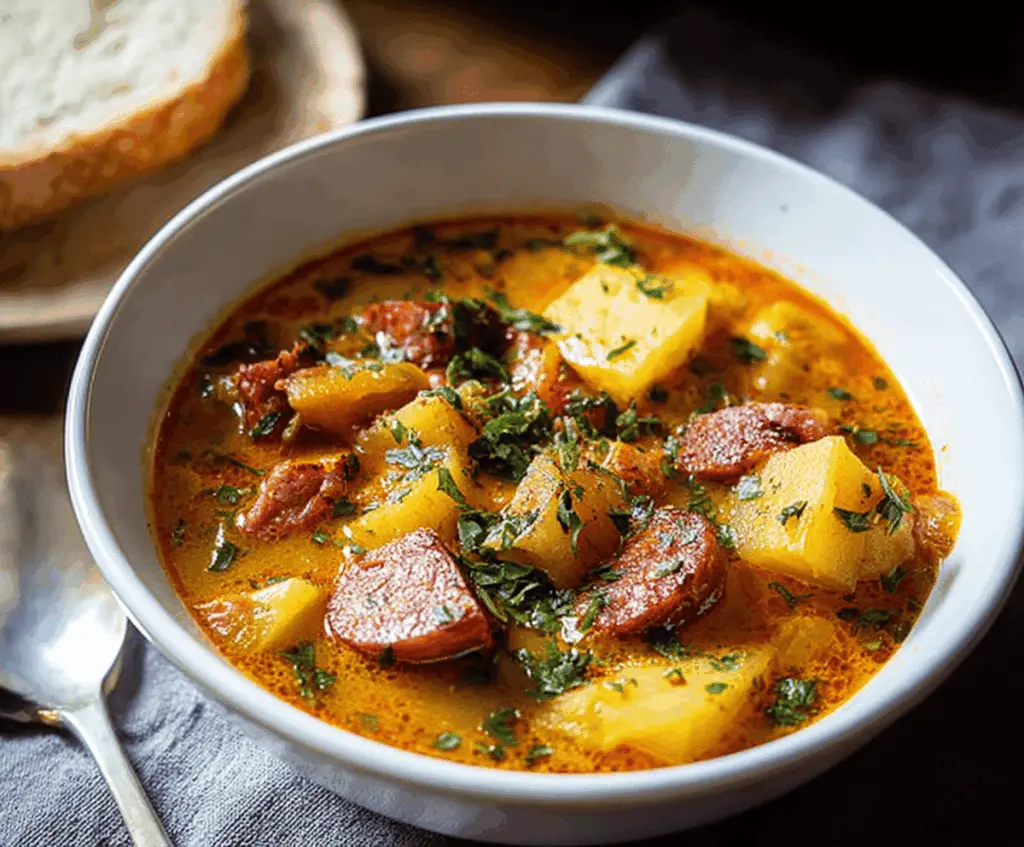 Hearty chorizo and potato soup served in a bowl with fresh herbs, perfect for a warming meal