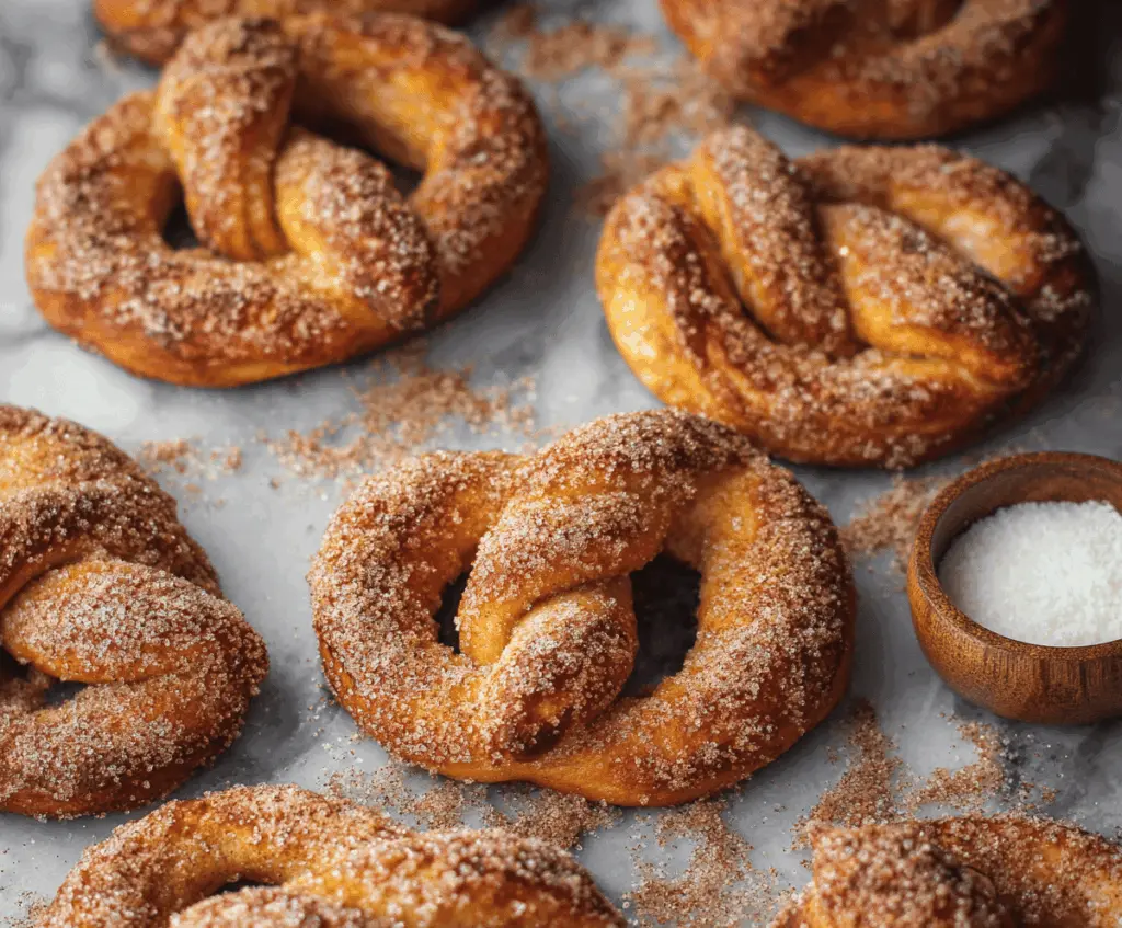 Delicious homemade cinnamon sugar soft pretzels on a rustic wooden surface, sprinkled with cinnamon sugar and ready to enjoy