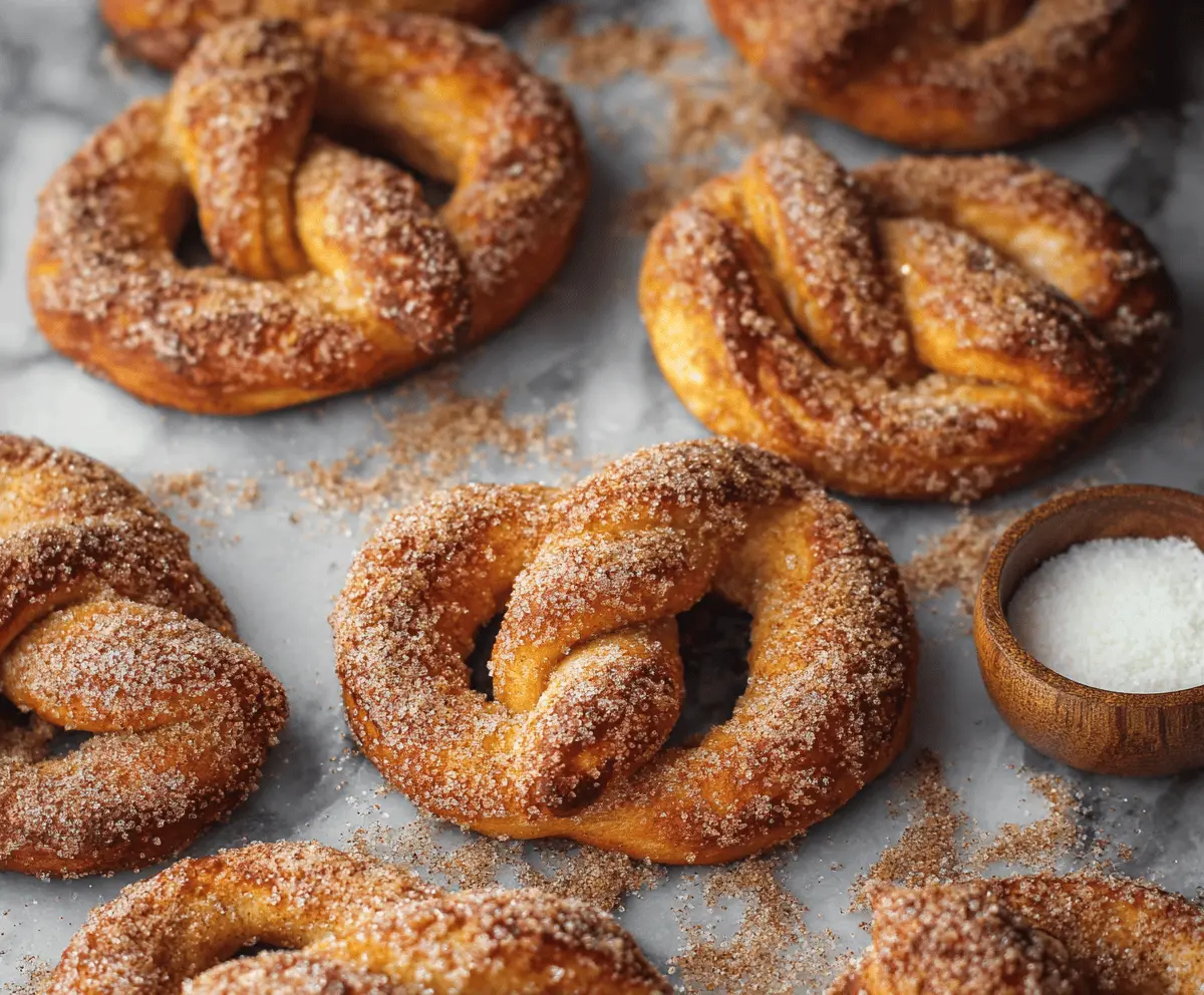 Delicious homemade cinnamon sugar soft pretzels on a rustic wooden surface, sprinkled with cinnamon sugar and ready to enjoy
