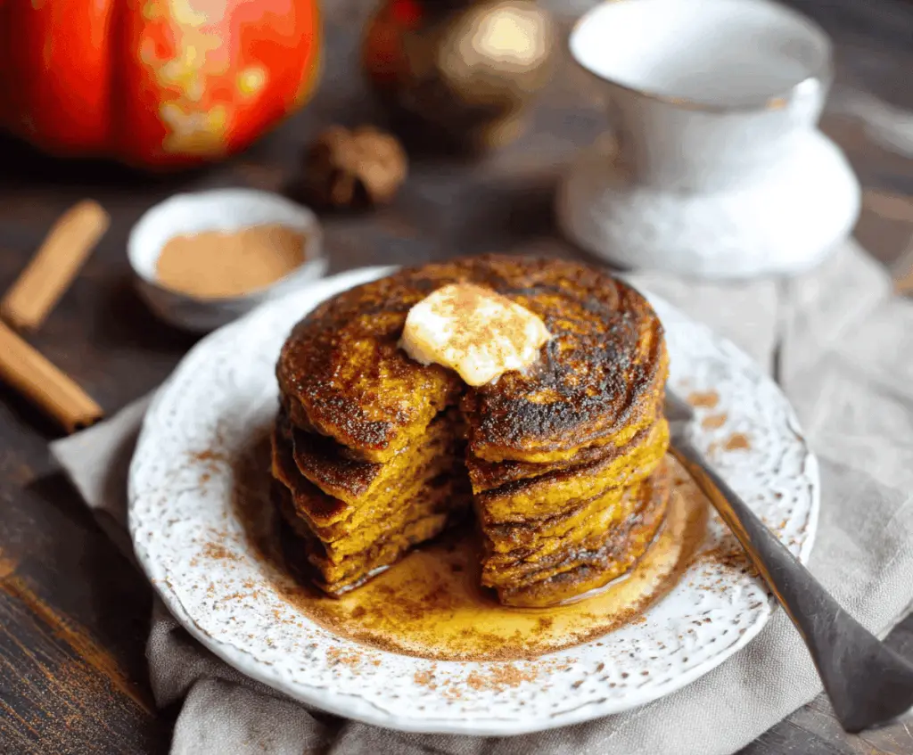 Delicious homemade coconut flour pumpkin pancakes topped with syrup and fresh fruit on a plate