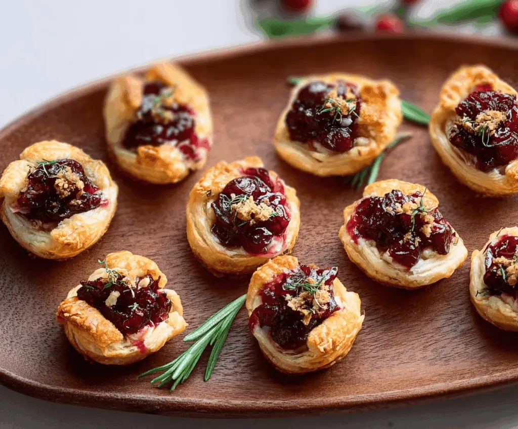 Delicious cranberry Brie bites topped with fresh cranberries and herbs, perfect for festive appetizers and holiday gatherings.