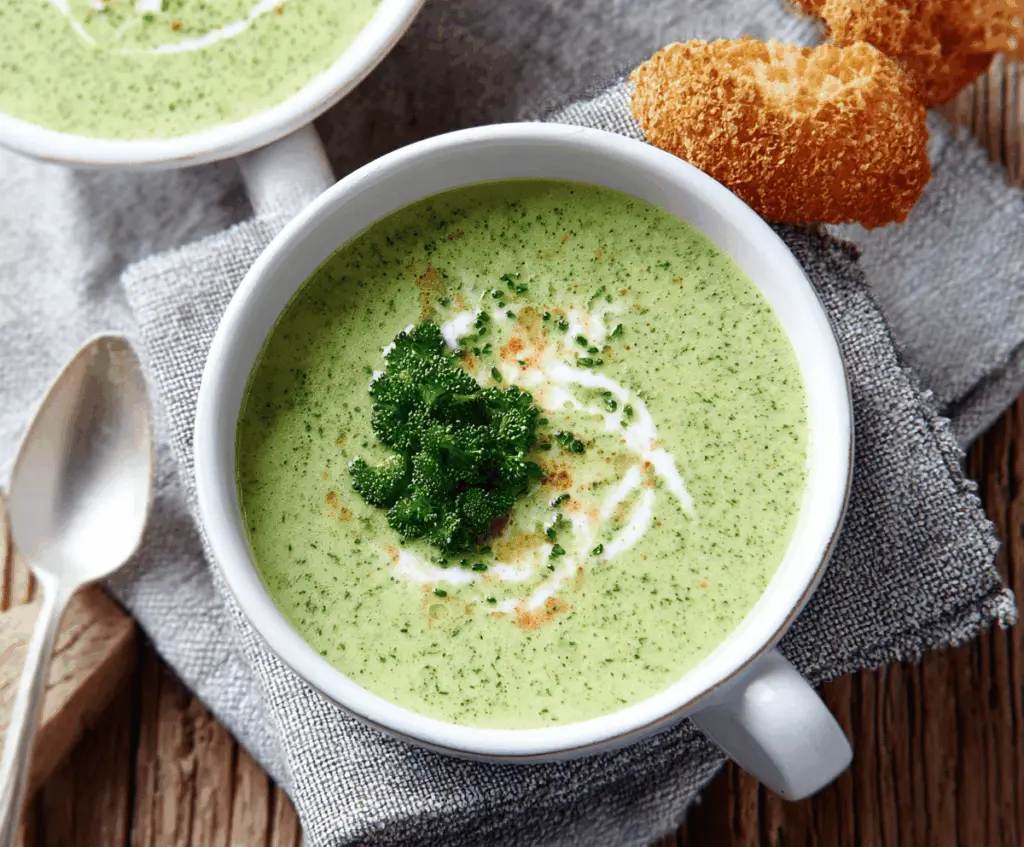 A bowl of creamy broccoli soup garnished with fresh herbs and served with crusty bread on a rustic wooden table.