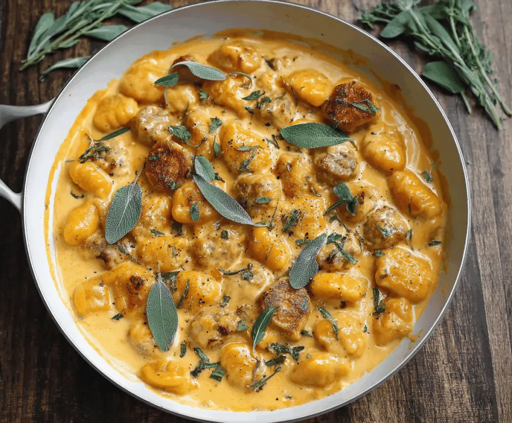 Creamy butternut squash gnocchi with sausage served on a white plate, garnished with fresh herbs, ready to eat