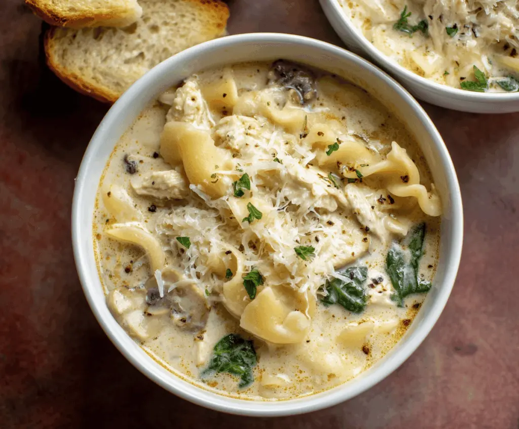 A bowl of creamy chicken lasagna soup garnished with fresh basil and melted cheese, served with bread on the side.