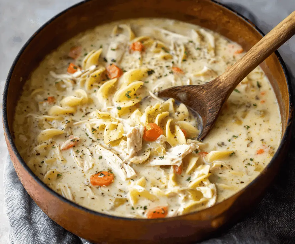 A steaming bowl of creamy chicken noodle soup garnished with fresh herbs, showcasing tender chicken, noodles, and vegetables in a rich, velvety broth.