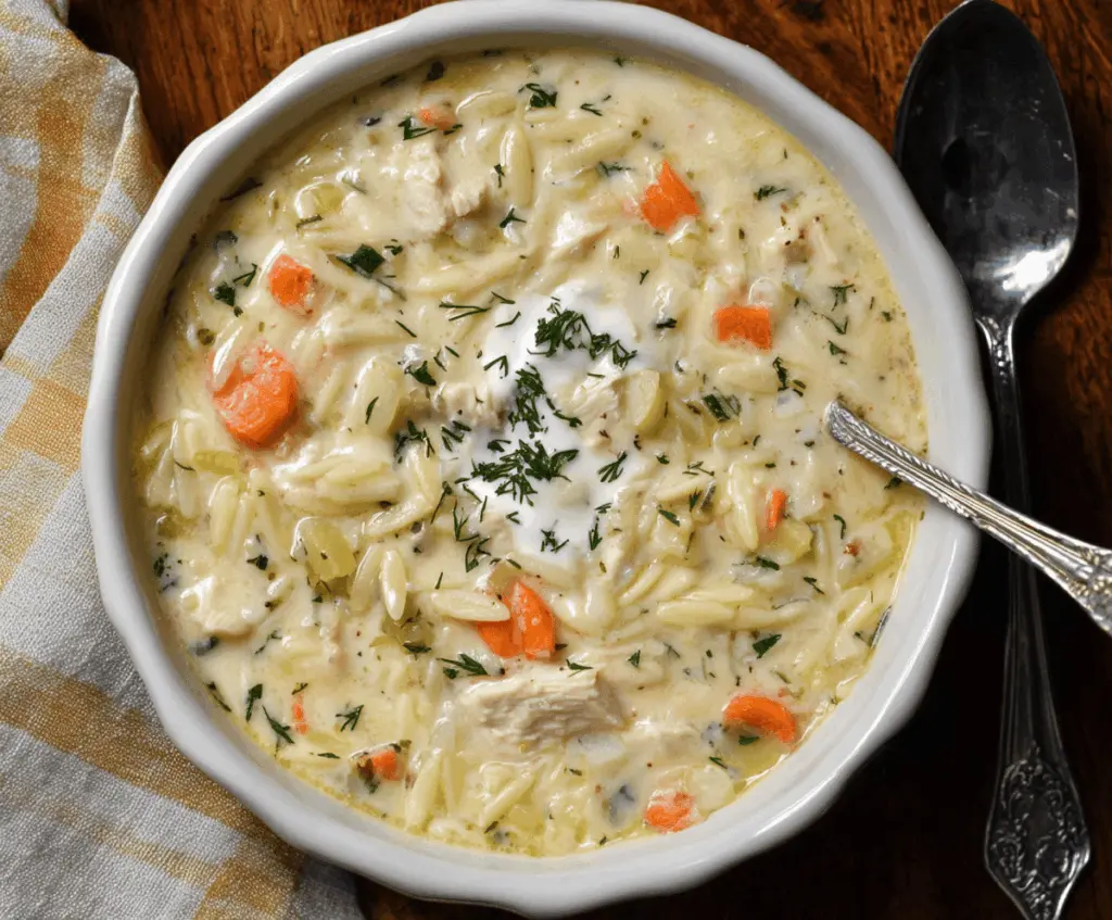 Creamy Chicken Orzo Soup in a bowl with shredded chicken, orzo pasta, and fresh herbs, served hot with a creamy broth