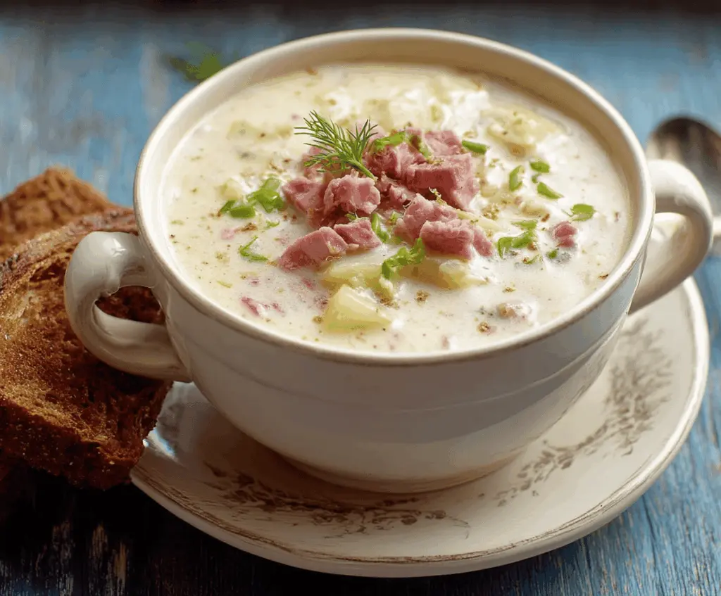 A bowl of creamy Reuben soup garnished with shredded cheese, chopped herbs, and a slice of rye bread on the side, showcasing a rich, savory blend of corned beef, sauerkraut, and Swiss cheese in a smooth, creamy broth.