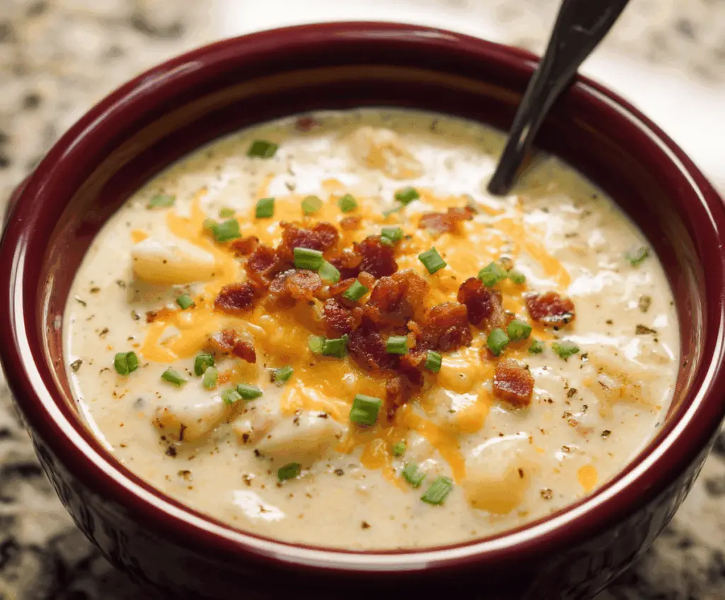 Creamy Crock Pot Crack Potato Soup in a bowl topped with shredded cheese and chopped green onions, served with a bread roll on the side.