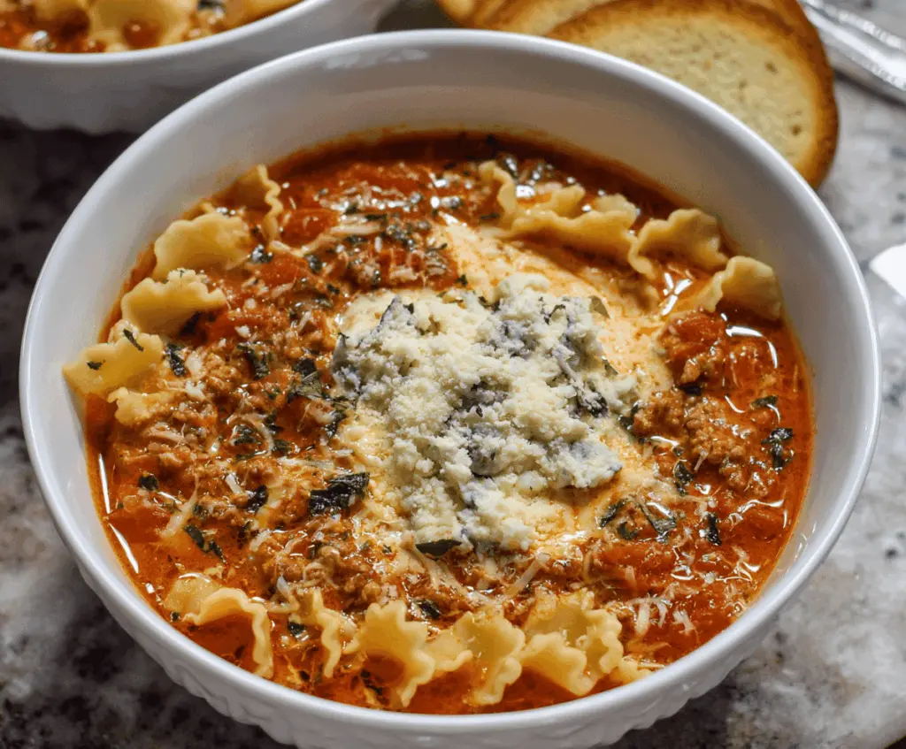 Creamy Crockpot Cheesy Ricotta Lasagna Soup in a bowl with melted cheese, fresh herbs, and pasta, perfect for cozy dinners