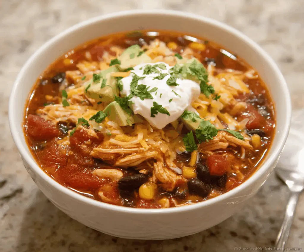 Delicious Crockpot Chicken Taco Soup with shredded chicken, beans, corn, and flavorful taco seasonings in a savory broth