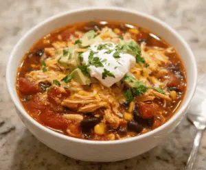 Delicious Crockpot Chicken Taco Soup with shredded chicken, beans, corn, and flavorful taco seasonings in a savory broth